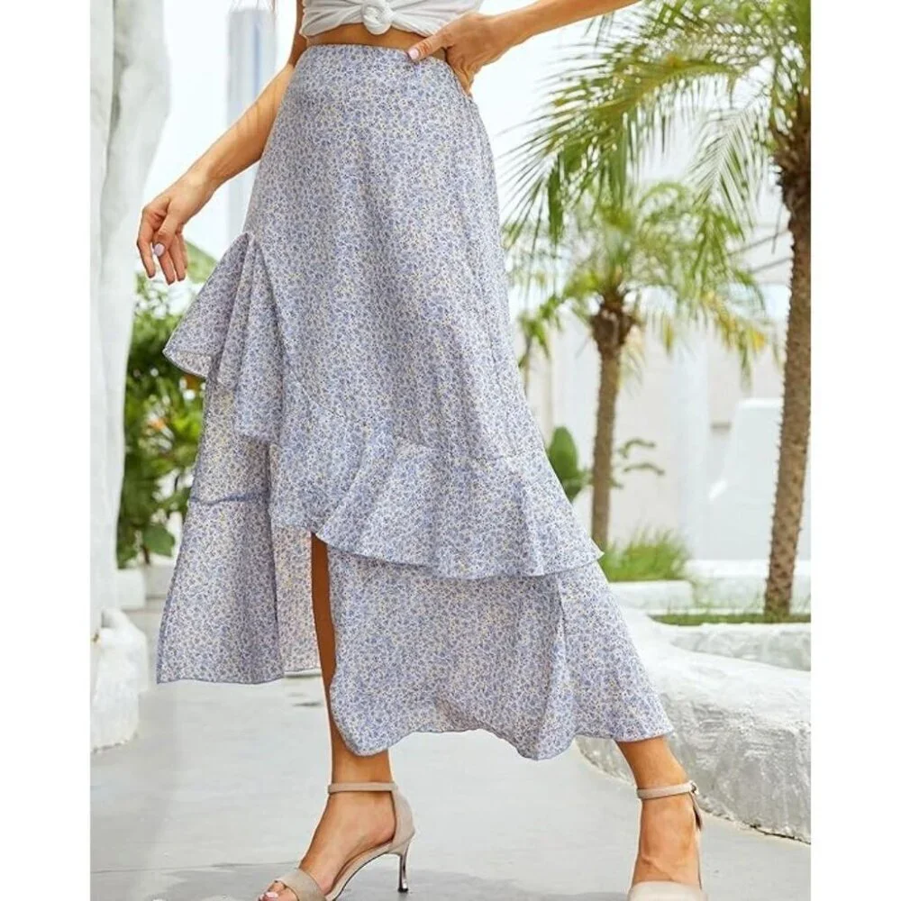 BTFBM Skirt Women XL Blue Floral Print Asymmetric Ruffle Hem Boho Maxi‎ NWT
